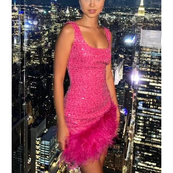 NADINE MERABI Hot Pink Evie Sequin Feather Trim Mini Dress Sz 6 Small Prom - Picture 16 of 16